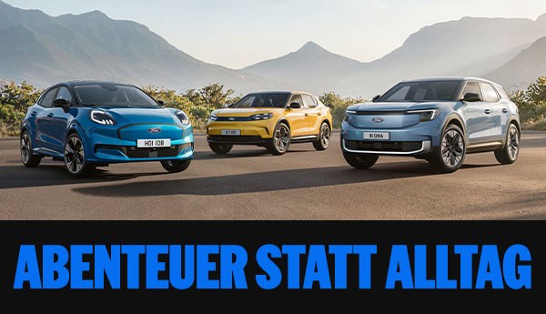 Ford Puma Gen-E, Ford Capri und Ford Explorer vor einer Bergkulisse – Abenteuer statt Alltag